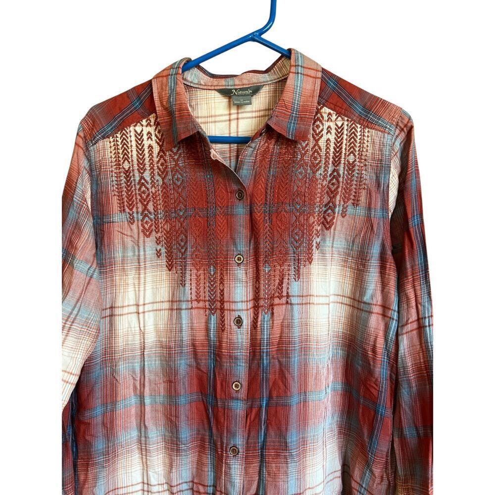 Natural Reflections plaid flannel rust/blue embroidered shirt, women's size M